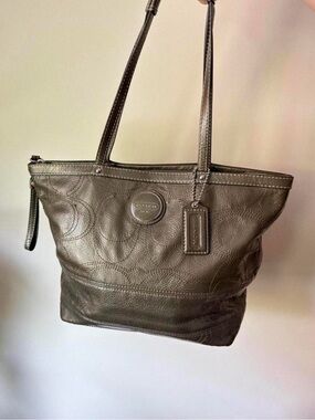 Coach Olive Green Leather Tote with Signature Patch